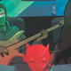 In this comics panel, a man in a hoodie plays a guitar behind a small red devil.